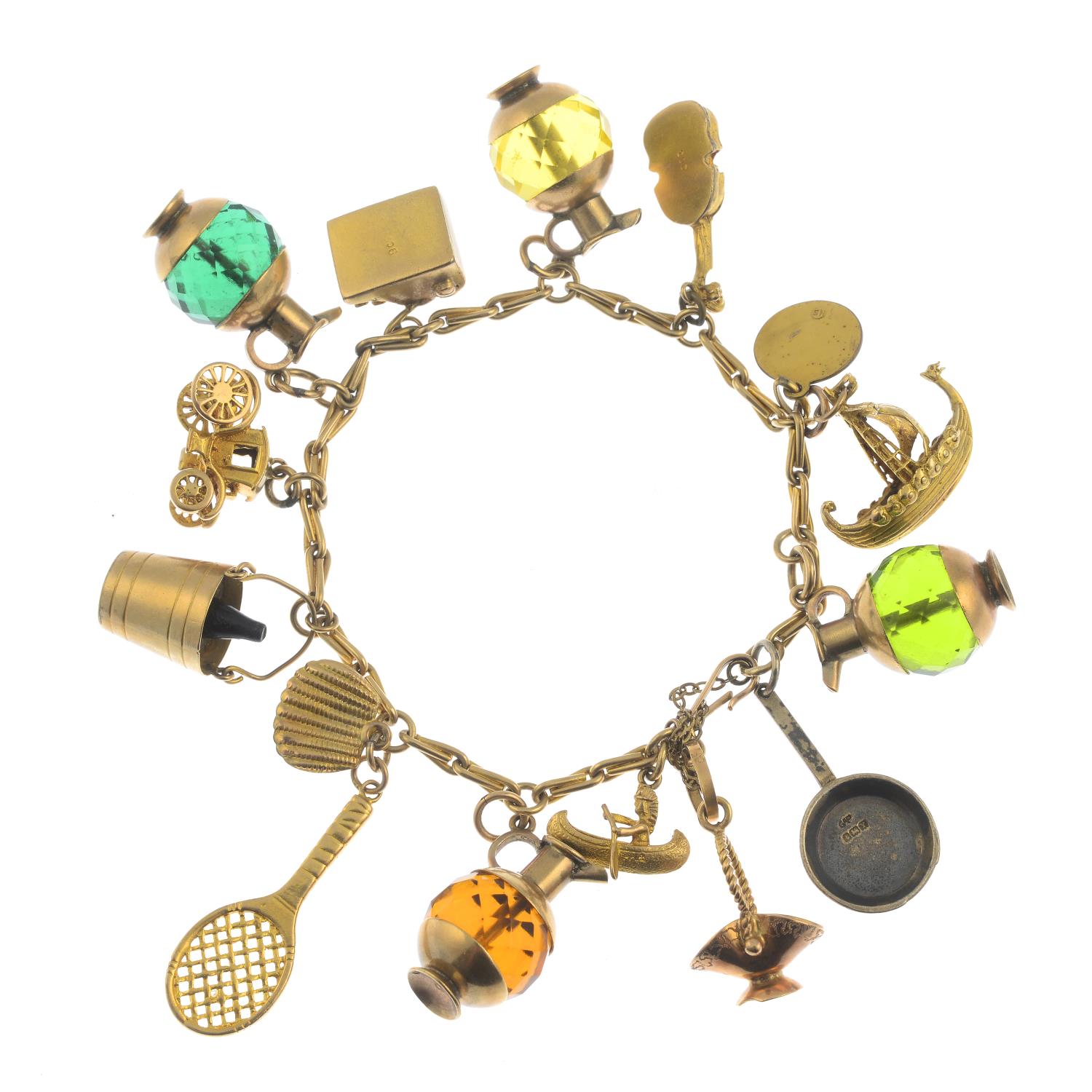 A charm bracelet, suspending thirteen charms.Some with marks to indicate 9ct gold. - Image 2 of 2