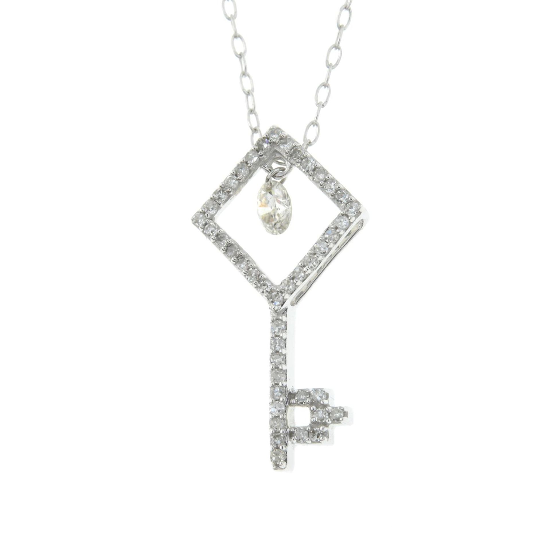 A brilliant-cut diamond key pendant, with chain.