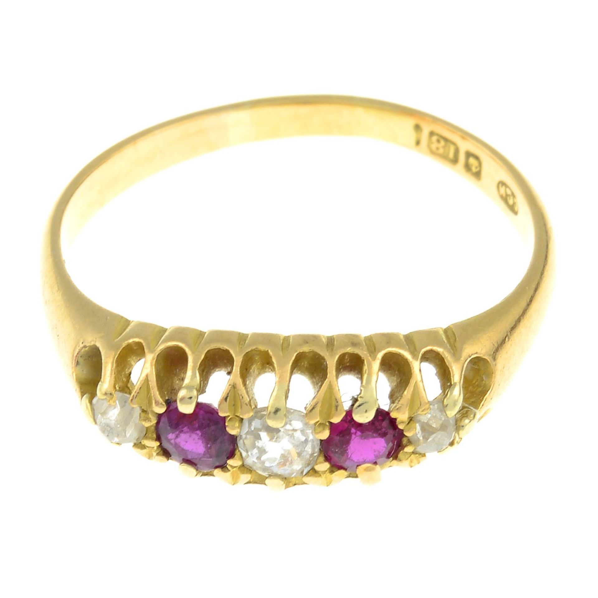 An 18ct gold ruby and old-cut diamond five-stone ring.Estimated total diamond weight