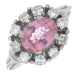 A pink tourmaline and diamond cluster ring.Tourmaline calculated weight 1ct,