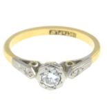 A diamond three-stone ring.Estimated total diamond weight 0.20ct,