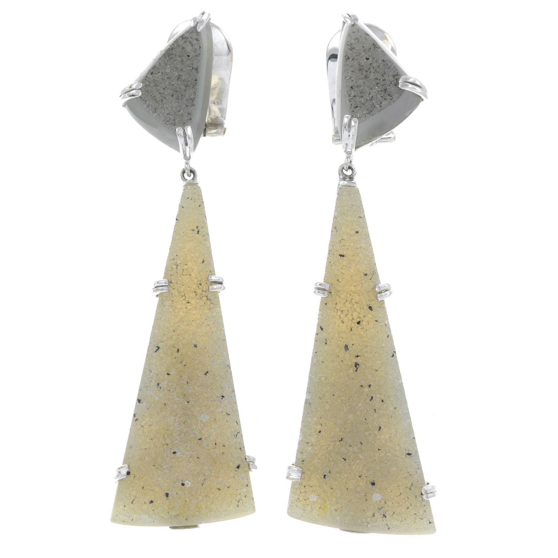 A pair of quartz drop earrings.Stamped 750.Length 5.8cms.