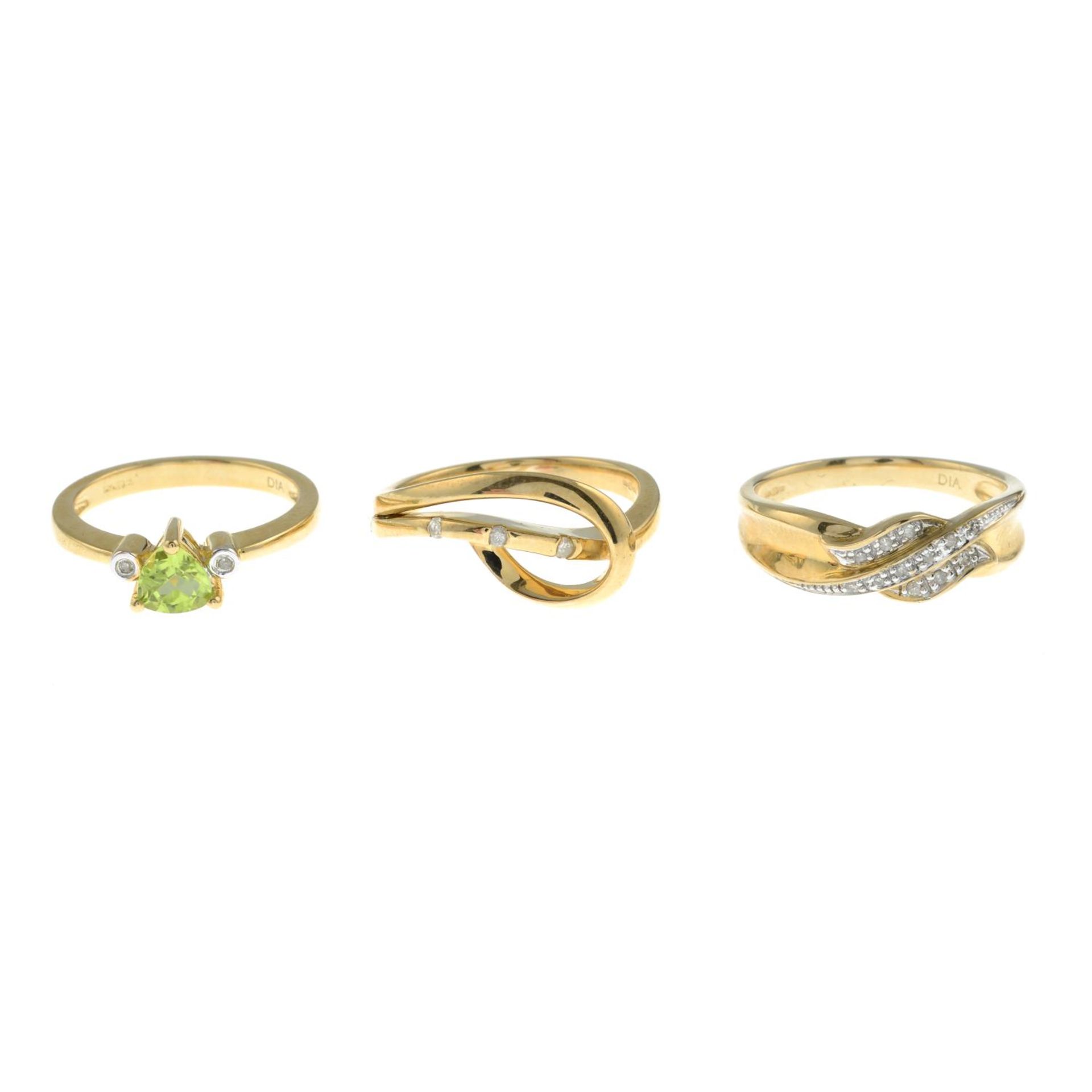 Three 9ct gold diamond and gem-set dress rings, to include a peridot and diamond ring.