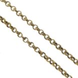 An early 20th century 9ct gold longuard chain.Stamped 9ct 375.Length 138cms.