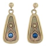 A pair of 9ct gold blue gem diamond drop earrings.Hallmarks for Sheffield.Length 2.8cms.