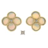 9ct gold opal and diamond stud earrings,