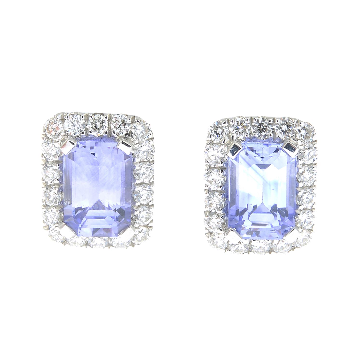A pair of diamond and sapphire earrings.Total sapphire weight 1.39cts,