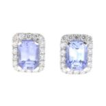 A pair of diamond and sapphire earrings.Total sapphire weight 1.39cts,