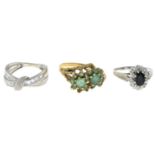 9ct gold emerald dress ring, hallmarks for 9ct gold, ring size Q, 3.1gms.