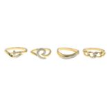 Four 9ct gold diamond dress rings.Estimated total diamond weight 0.10ct.