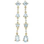 A pair of 9ct gold aquamarine and diamond drop earrings.Hallmarks for 9ct gold.