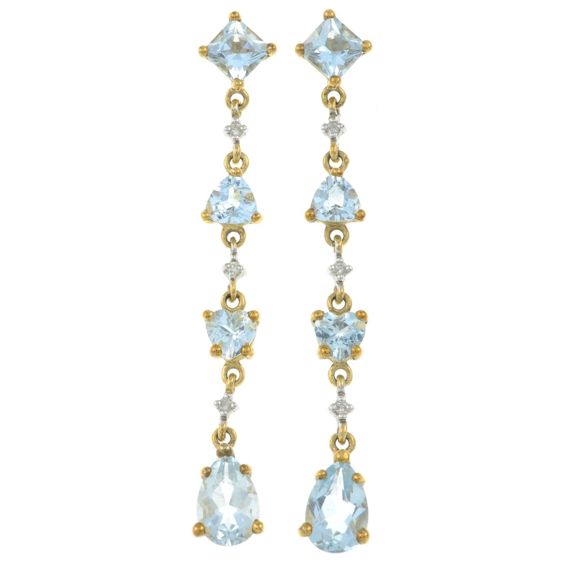 A pair of 9ct gold aquamarine and diamond drop earrings.Hallmarks for 9ct gold.