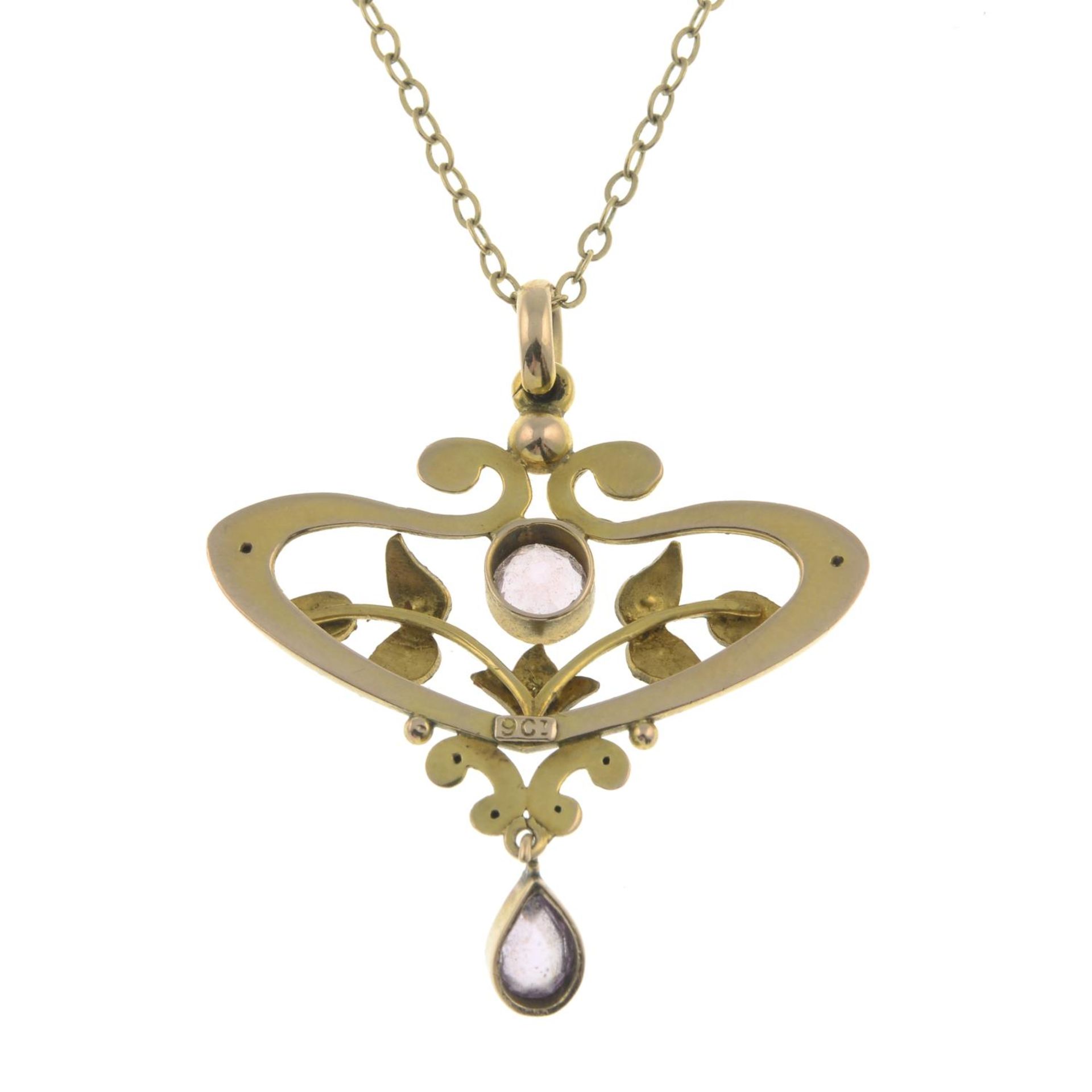 An early 20th century 9ct gold kunzite and split pearl pendant, with chain.Pendant stamped 9CT. - Image 2 of 2