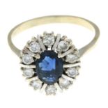 A sapphire and brilliant-cut diamond cluster ring.Estimated total diamond weight 0.40ct.Stamped