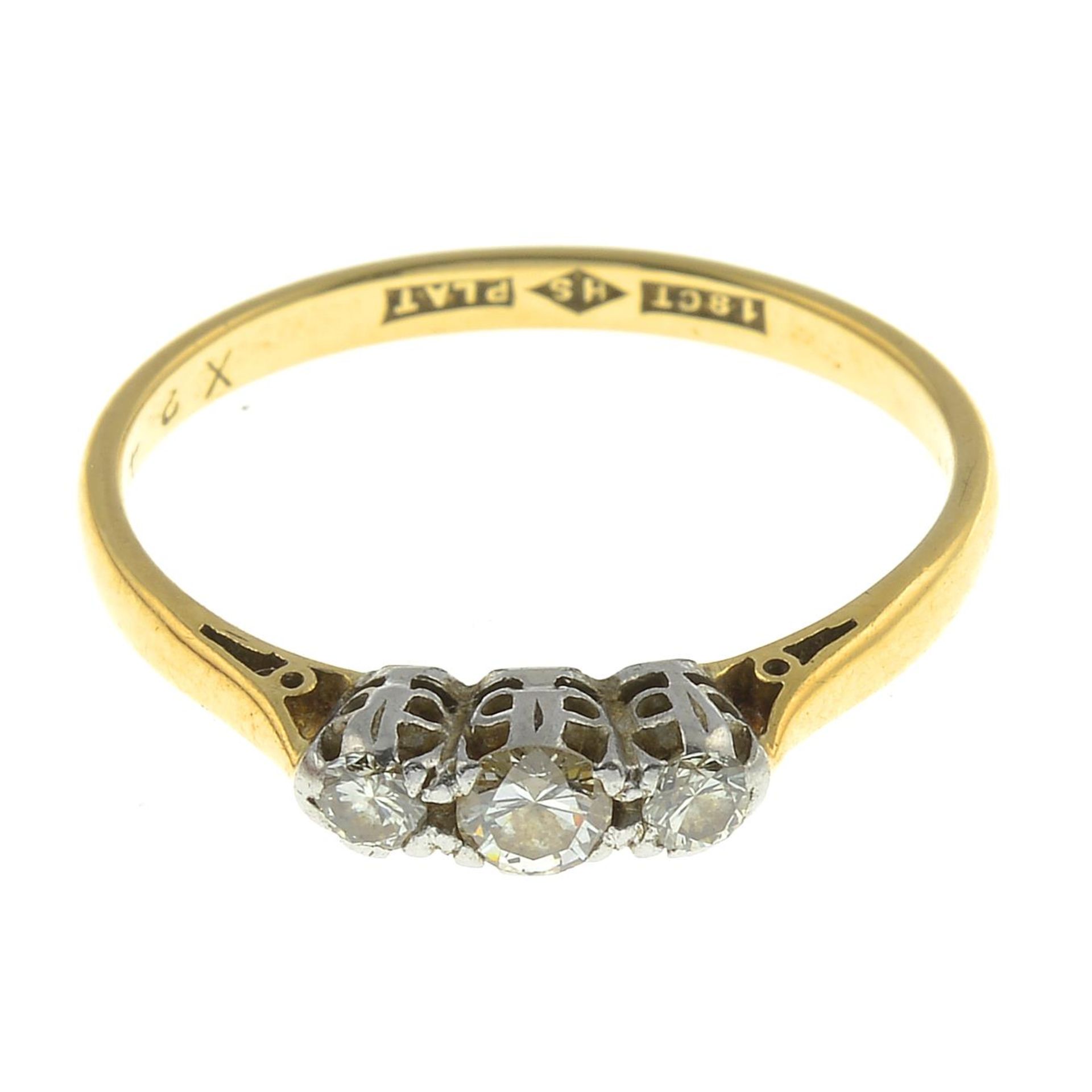 A brilliant-cut diamond three-stone ring.Estimated total diamond weight 0.25ct,