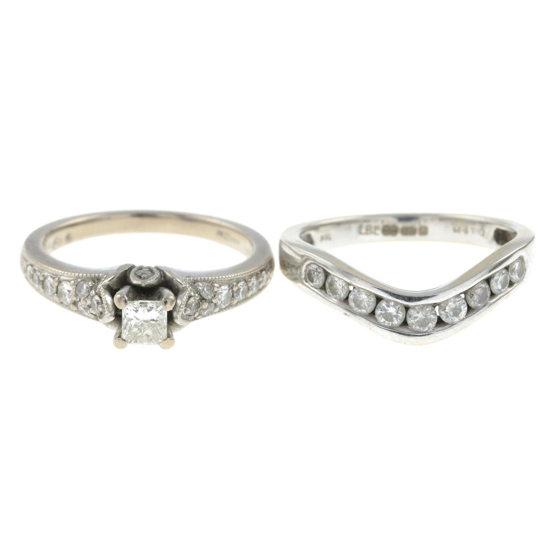 18ct gold diamond single-stone ring with diamond-set shoulders,