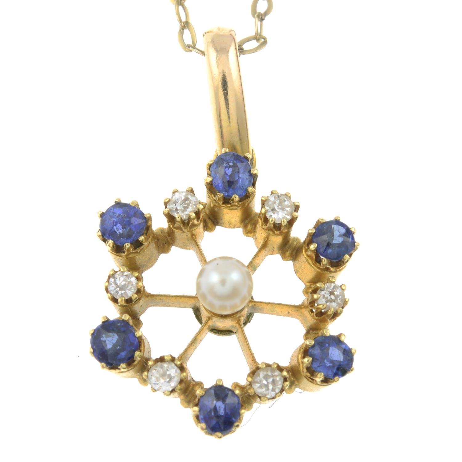 A sapphire, diamond and seed pearl pendant, with chain.Estimated total diamond weight 0.10ct.