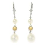 A pair of cultured pearl and citrine drop earrings.Stamped 750.