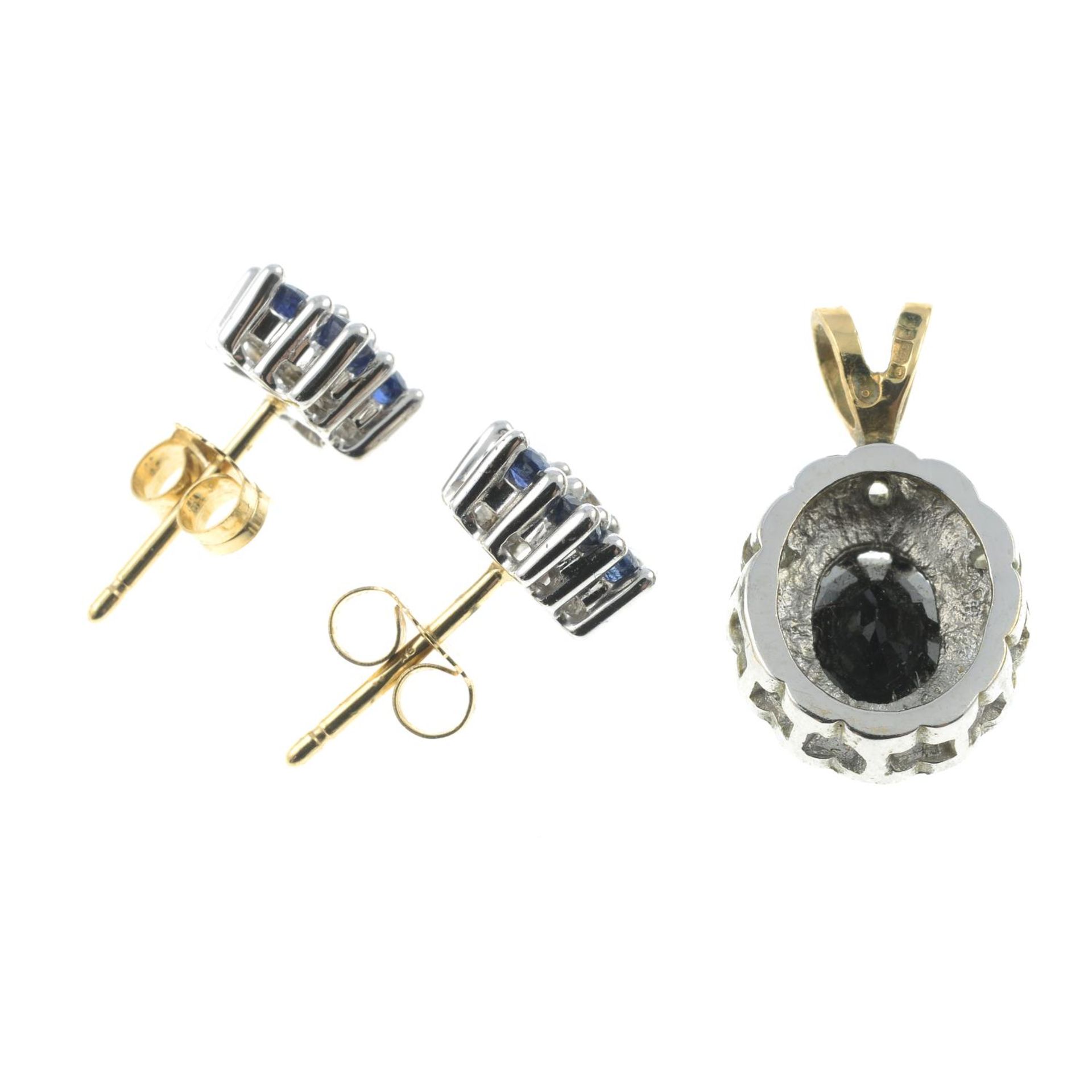 Sapphire and diamond cluster earrings, stamped 9K, length 0.9cm, 2.4gms. - Image 2 of 3