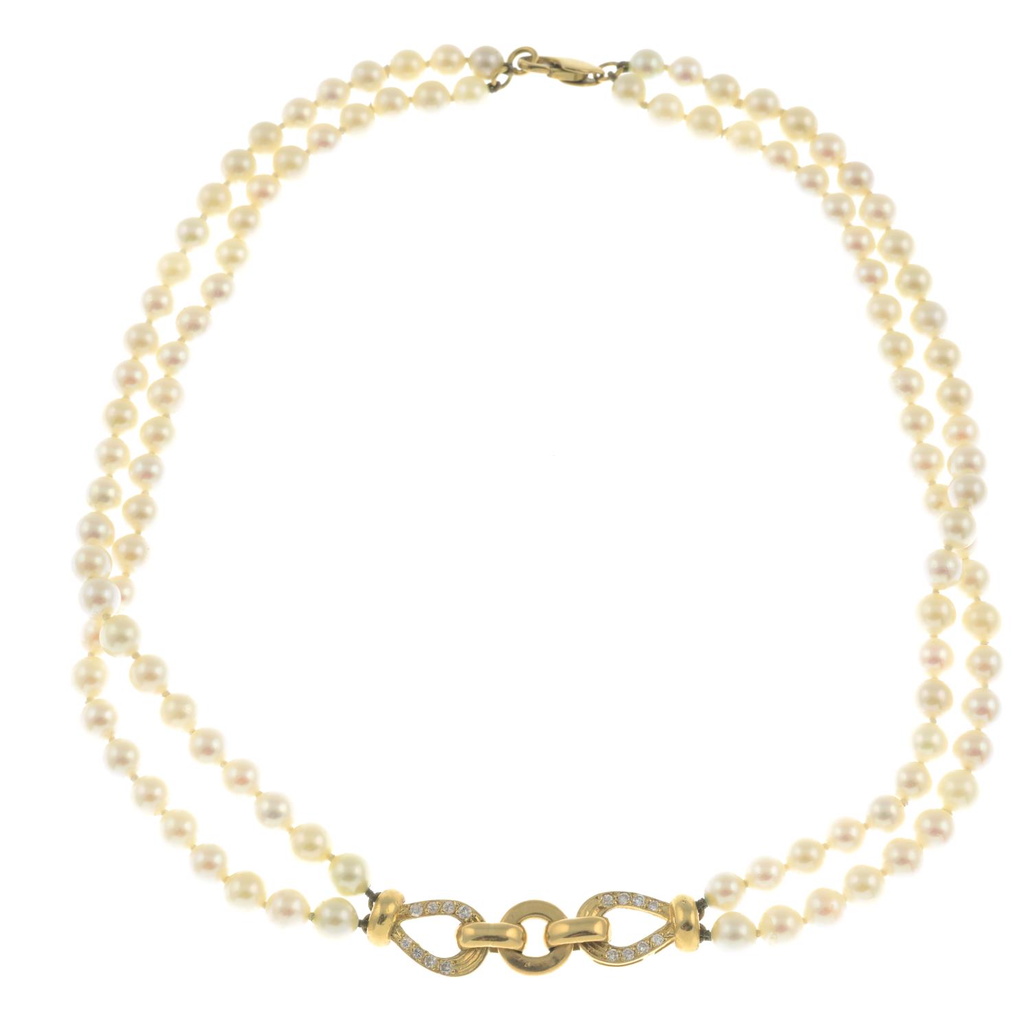 A cultured pearl two-row necklace, with diamond panel highlight. - Image 2 of 3