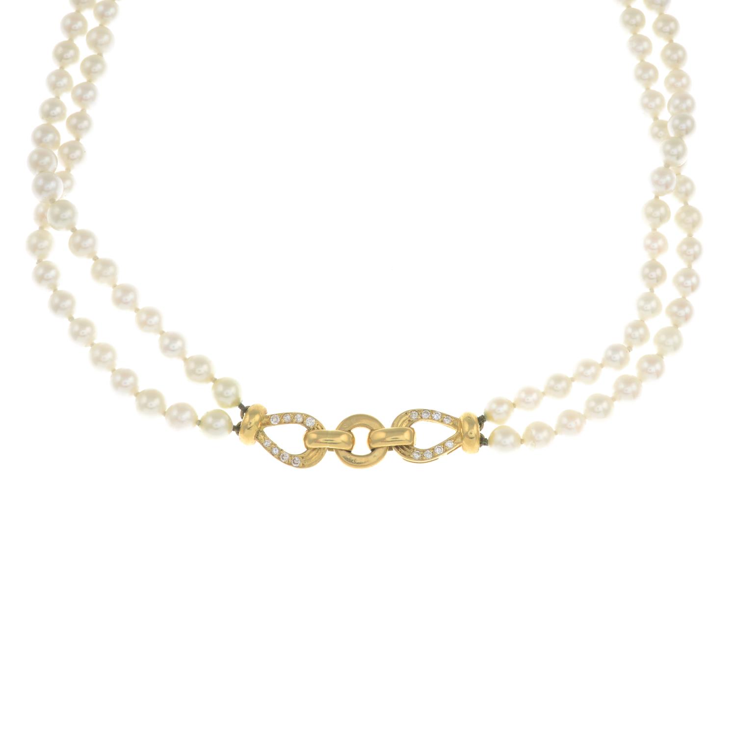 A cultured pearl two-row necklace, with diamond panel highlight.