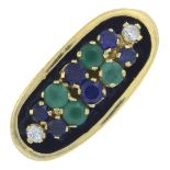 A chrysoprase, emerald, cubic zirconia, blue paste and enamel dress ring.