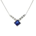 A synthetic sapphire and cubic zirconia necklace.Stamped 750.