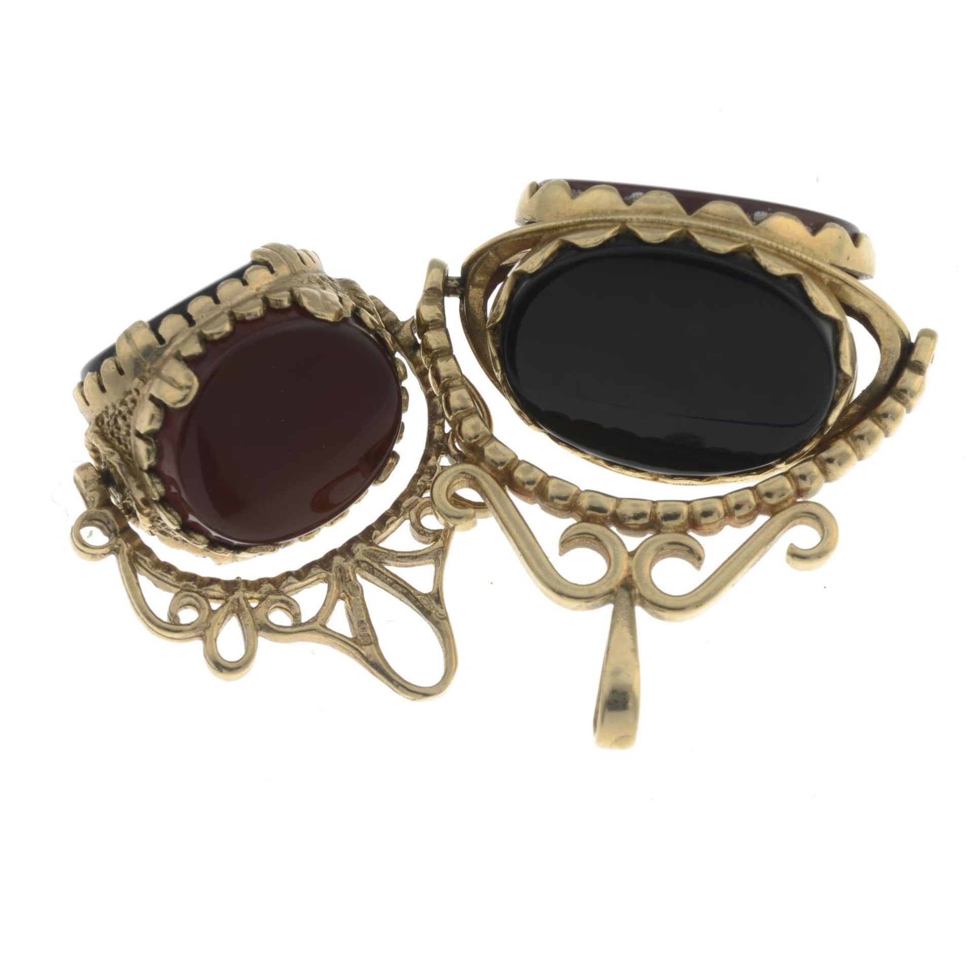 Two 9ct gold hardstone swivel fobs. - Image 2 of 2