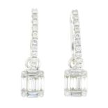 A pair of diamond drop earrings.Total diamond weight 0.58ct, stamped to mount.