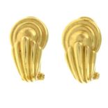 A pair of 18ct gold grooved earrings.Import marks for Sheffield, 1985.Length 2cms.