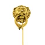 A lion door knocker stickpin, possibly depicting a museum replica piece.Stamped 14K.