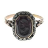 A 19th century purple paste intaglio and rose-cut diamond ring,