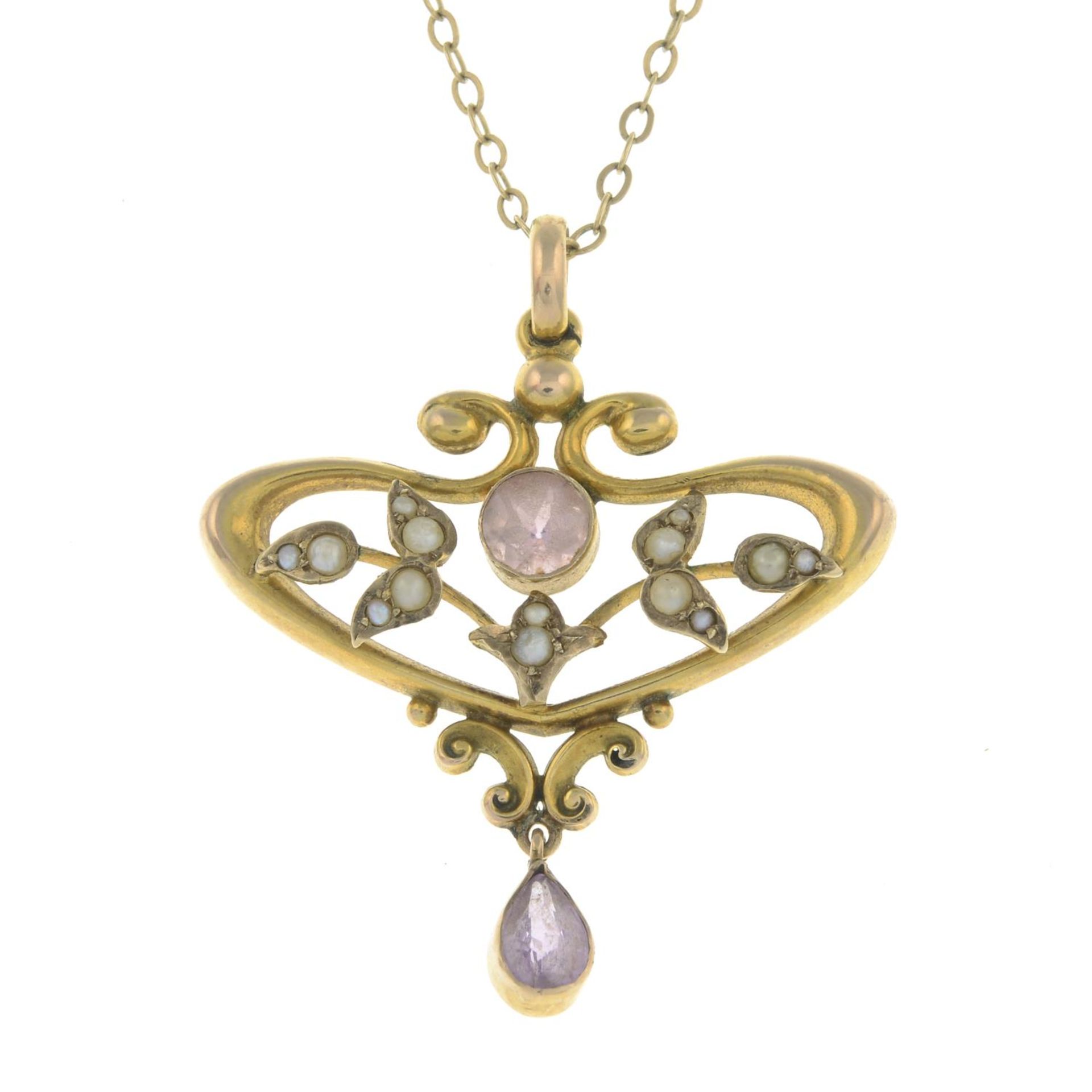 An early 20th century 9ct gold kunzite and split pearl pendant, with chain.Pendant stamped 9CT.