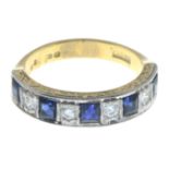 An 18ct gold sapphire and diamond half-eternity ring.Estimated total diamond weight