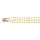 A cultured pearl three-row bracelet,