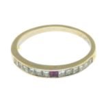 A square-shape diamond and ruby half eternity ring.Estimated total diamond weight 0.45ct.Stamped