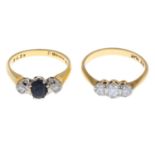 18ct gold sapphire and diamond three-stone ring,