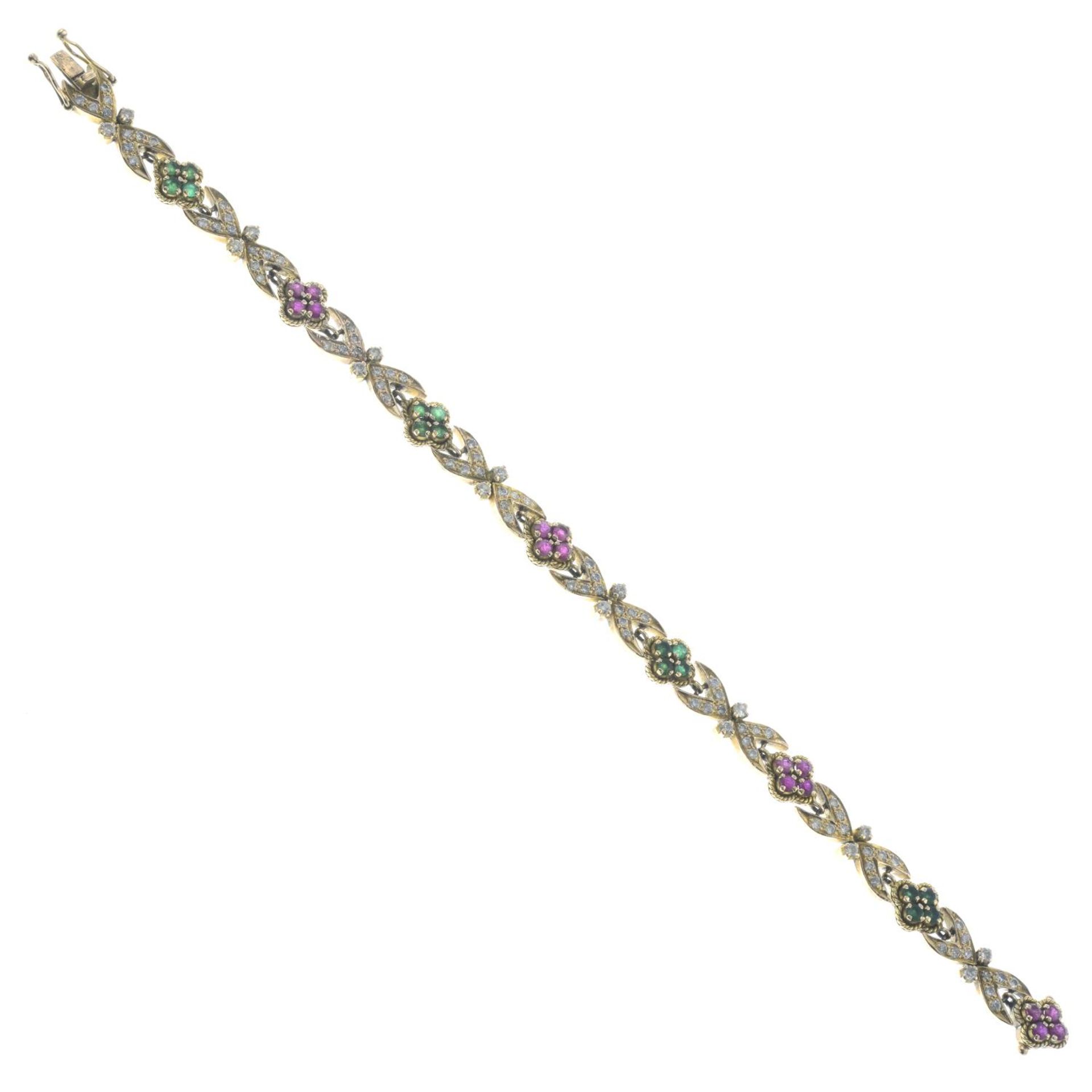 A brilliant-cut diamond and gem-set bracelet.Gems include emerald and synthetic ruby.Estimated - Image 2 of 3