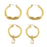 Two pairs of hoop earrings, one pair suspending cubic zirconia drops.