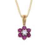 A 9ct gold ruby and diamond cluster pendant, with 9ct gold chain.Estimated diamond weight 0.10ct.