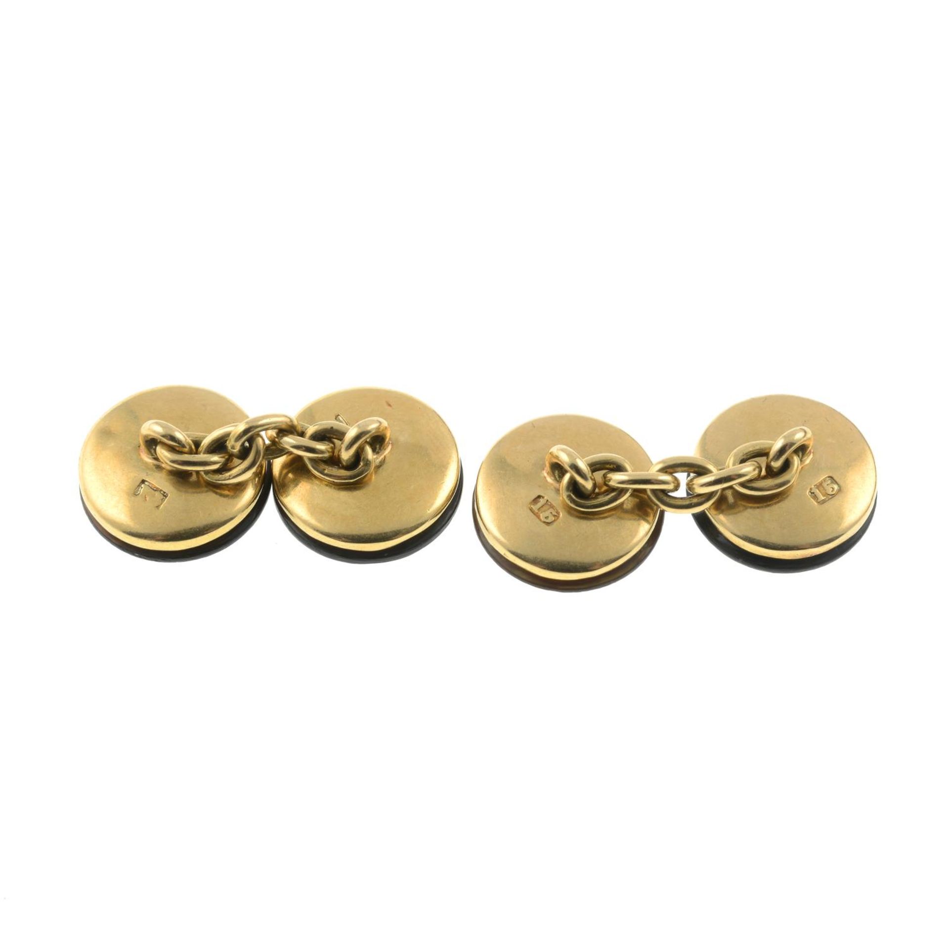 A pair of late 19th century 15ct gold diamond and mother-of-pearl cufflinks.Estimated total diamond - Image 2 of 2