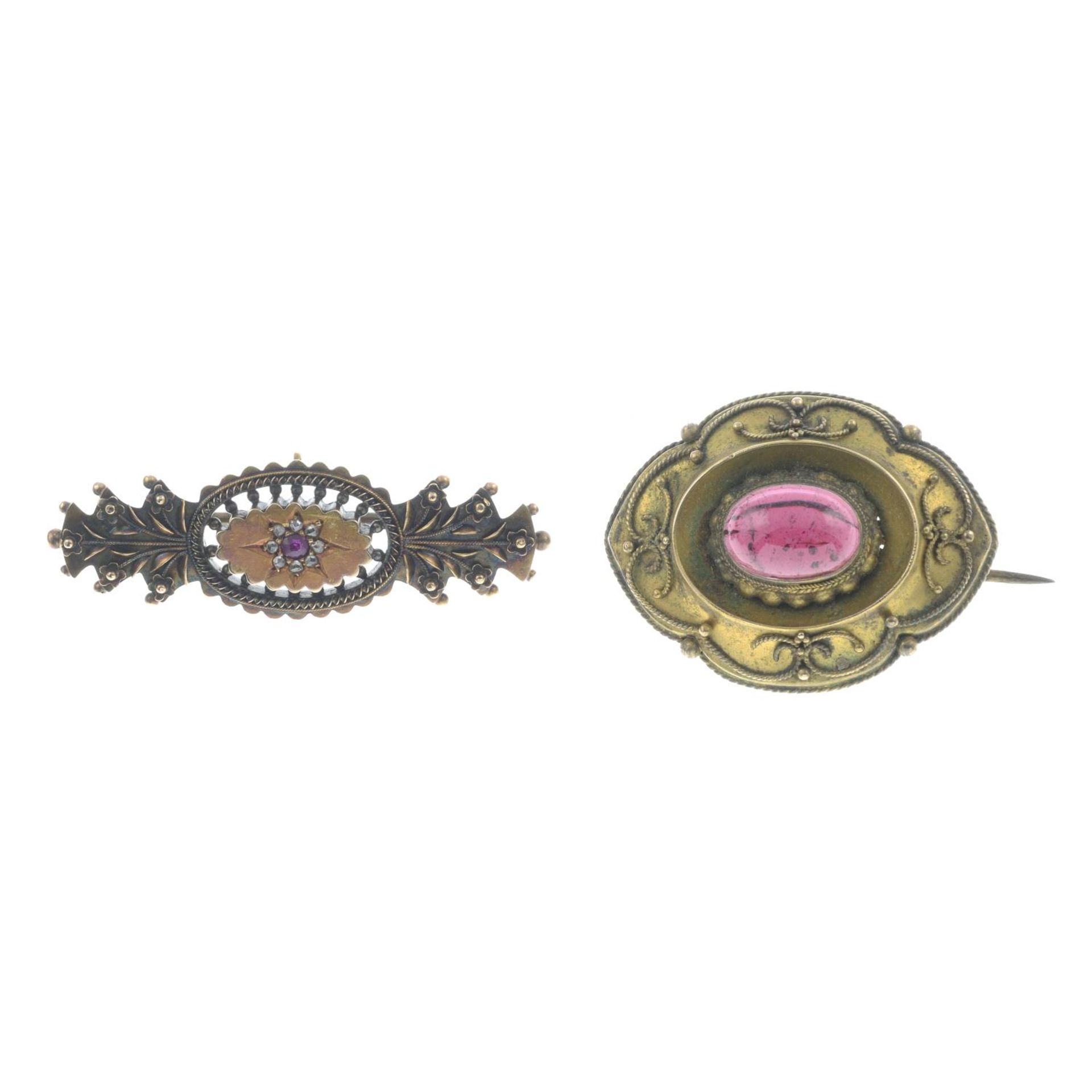 Late 19th century 15ct gold ruby and diamond foliate bar brooch,