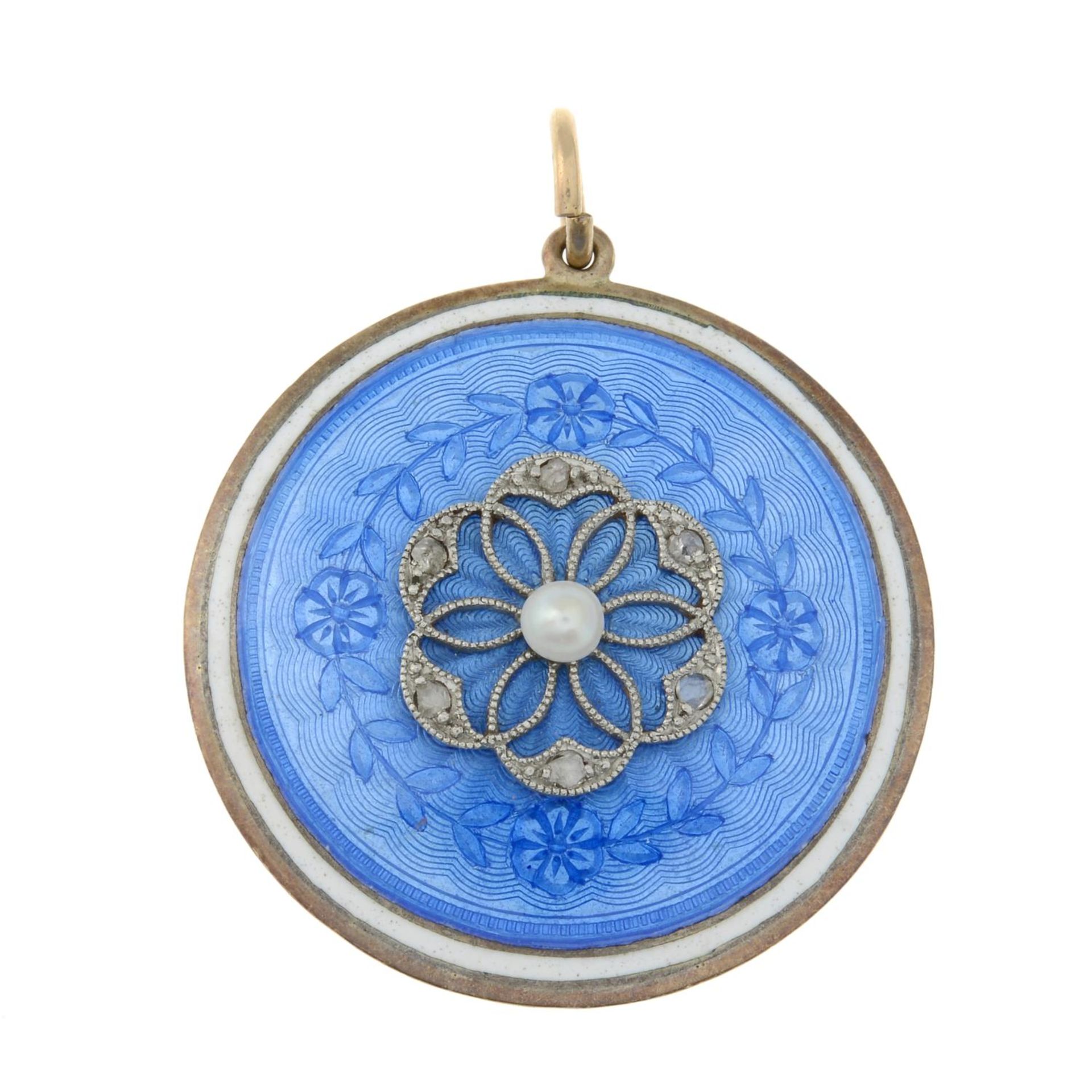 A diamond and cultured pearl enamel locket.