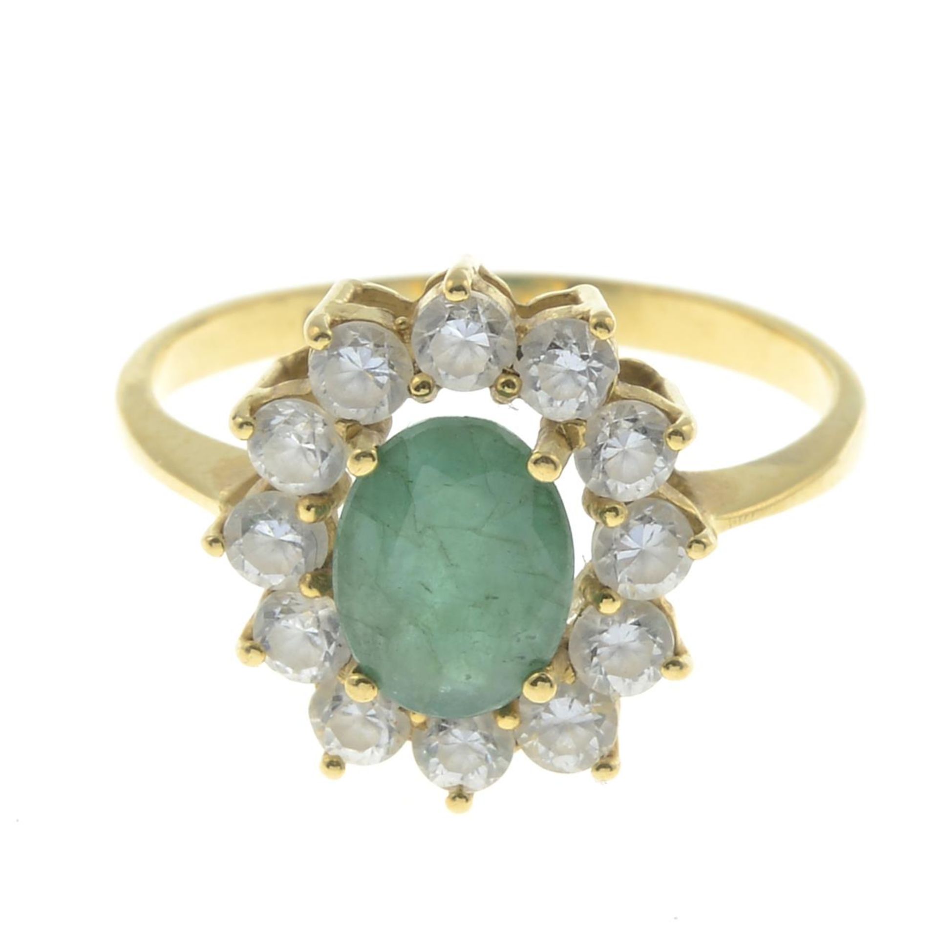 An emerald and cubic zirconia cluster ring.Ring size N.
