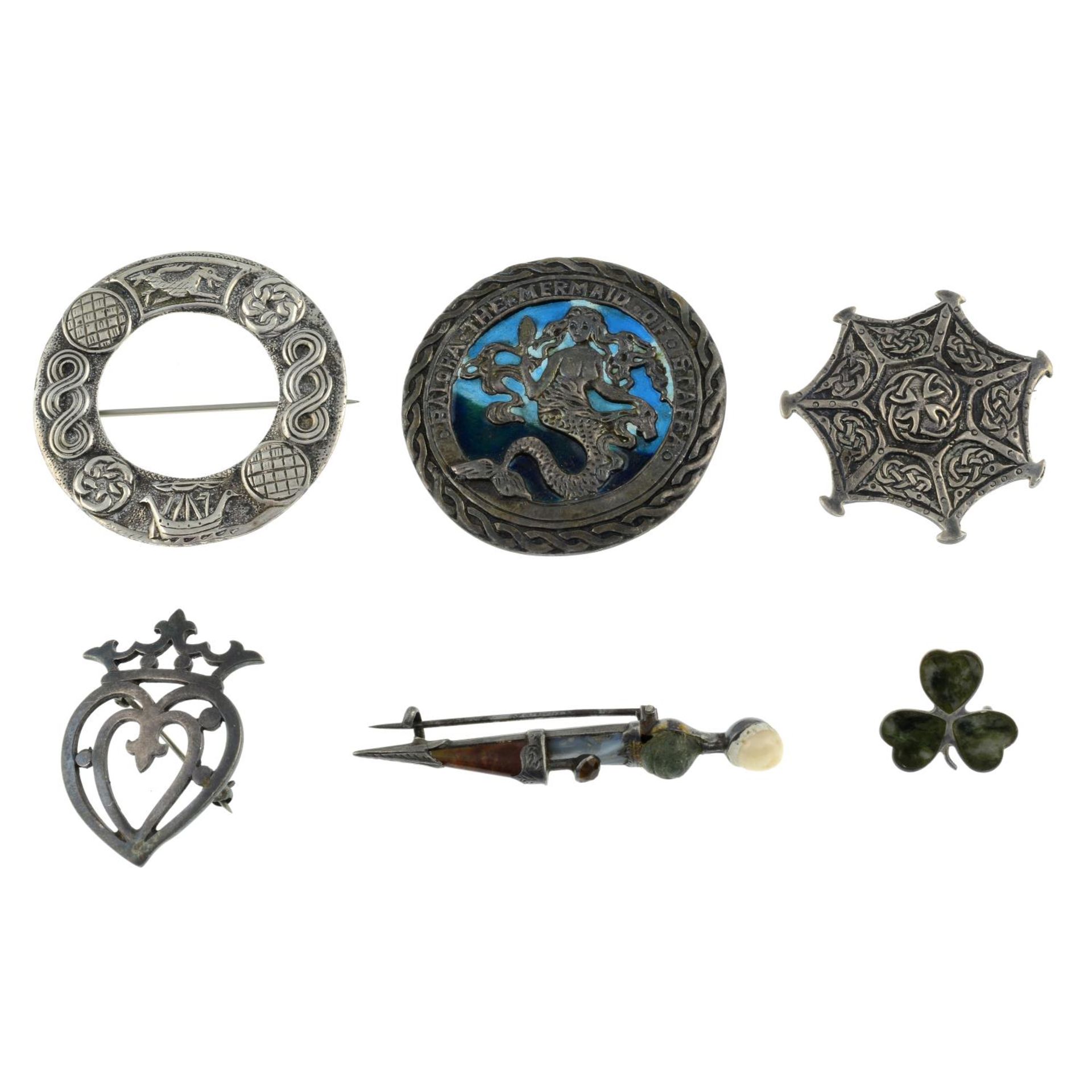 Six Scottish brooches and an Irish serpentine shamrock brooch. - Image 2 of 2