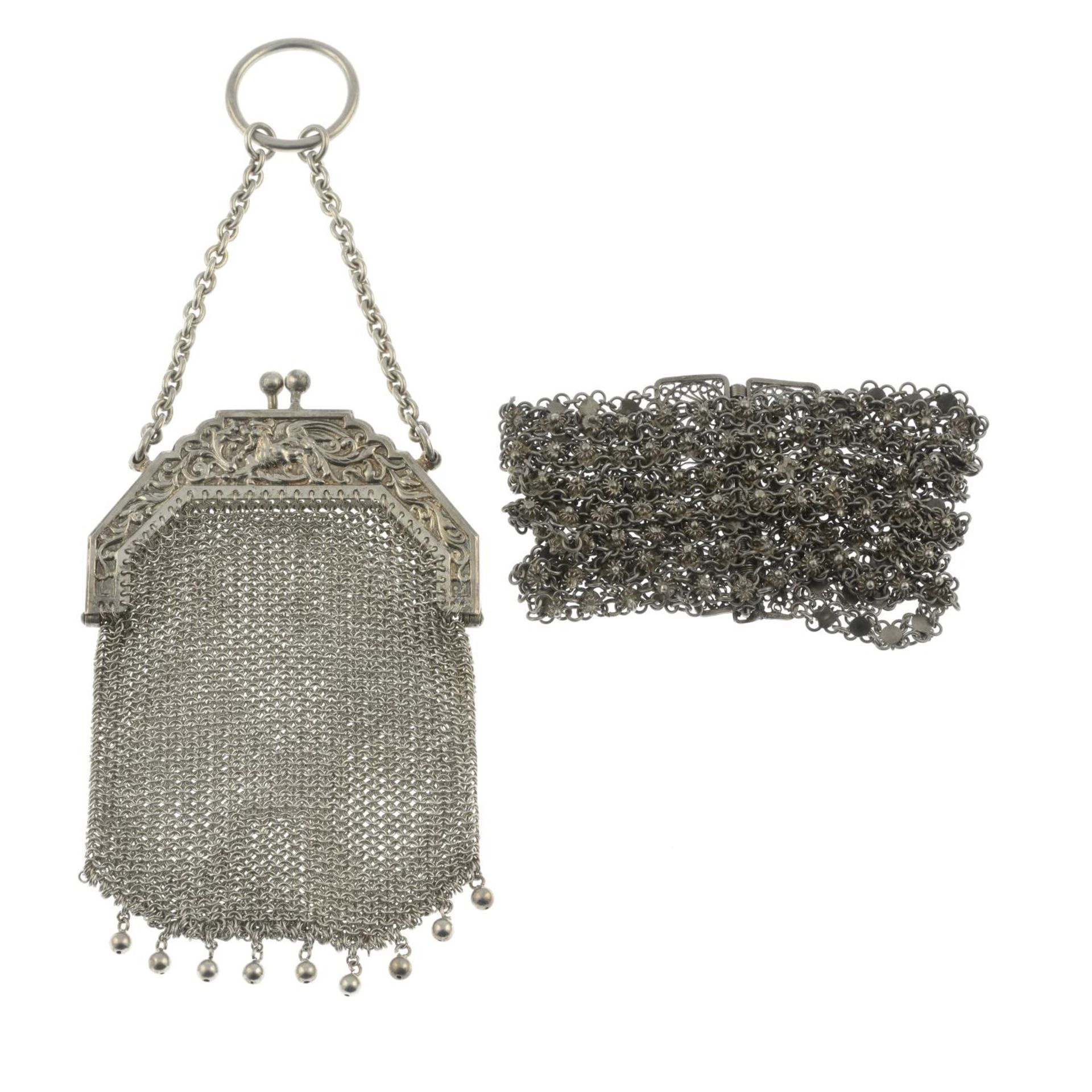 A chatelaine chainmail purse, together with a filigree bracelet.Length of bracelet 16cms. - Image 2 of 2