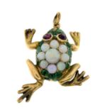 An emerald, opal and ruby pendant of a frog.Length 3cms.