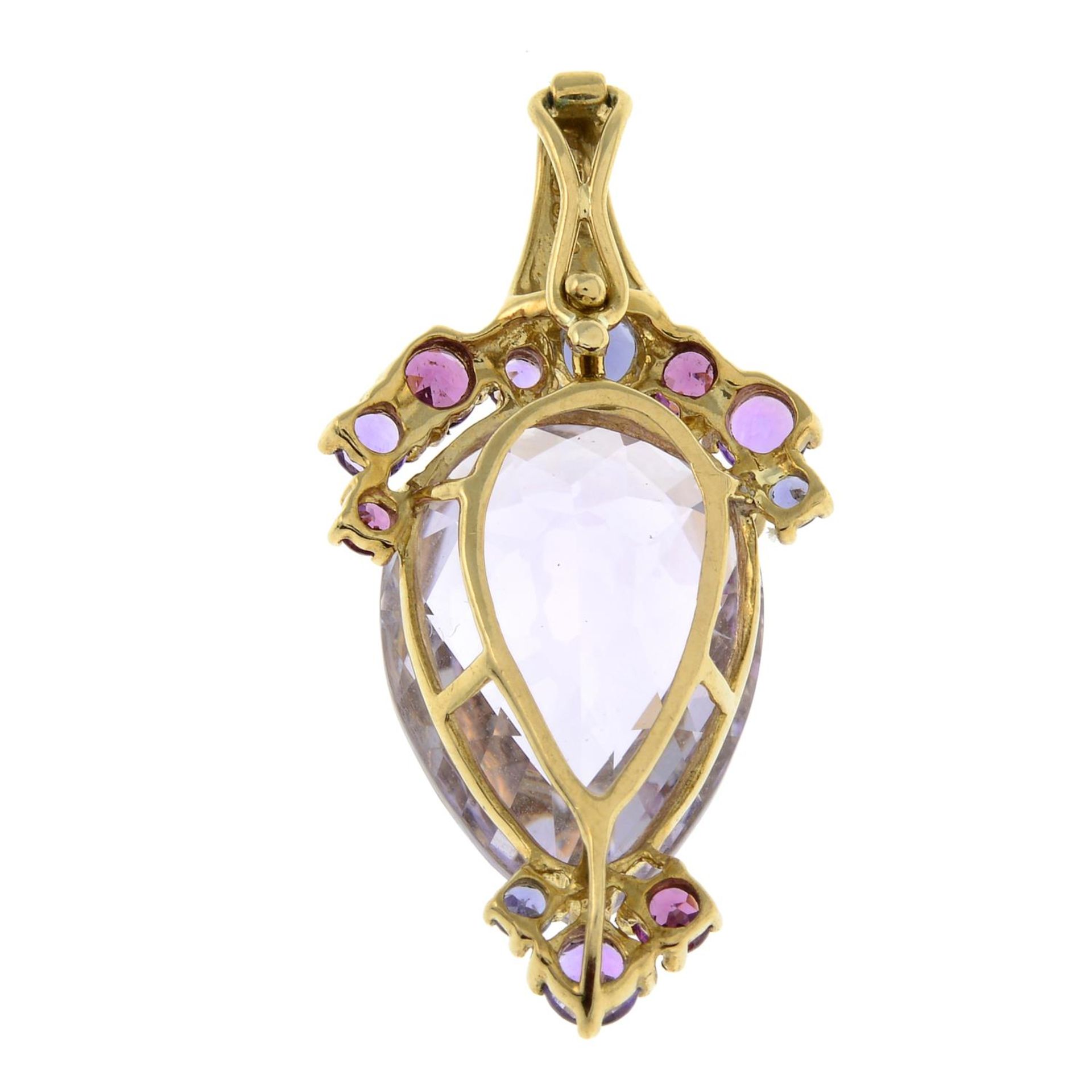 An amethyst and gem-set pendant, gems include pink tourmaline, iolite and amethyst.Stamped 333. - Image 2 of 2