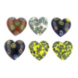 One-hundred-and-twenty vintage milliefiori glass hearts and cabochons.