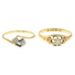 A Victorian 18ct gold old cut diamond ring and a two stone diamond ring.Hallmarks for Birmingham.